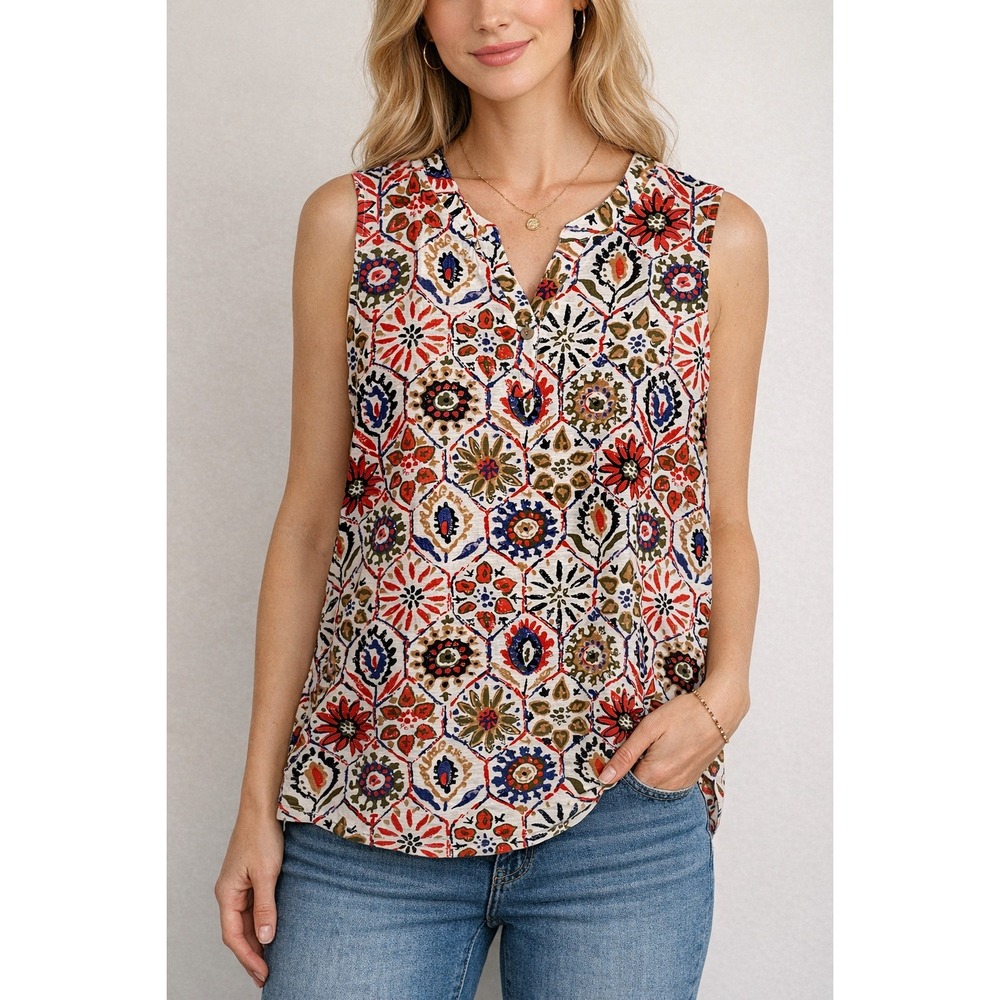 NWT Sleeveless Boho Floral Geometric Medallion‎ Print V-Neck Blouse Top XXL 2X
